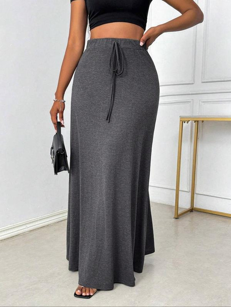 Plus Size Elegant A-Line Skirt with Drawstring Waist - Stylish Casual Long Skirt for All Seasons